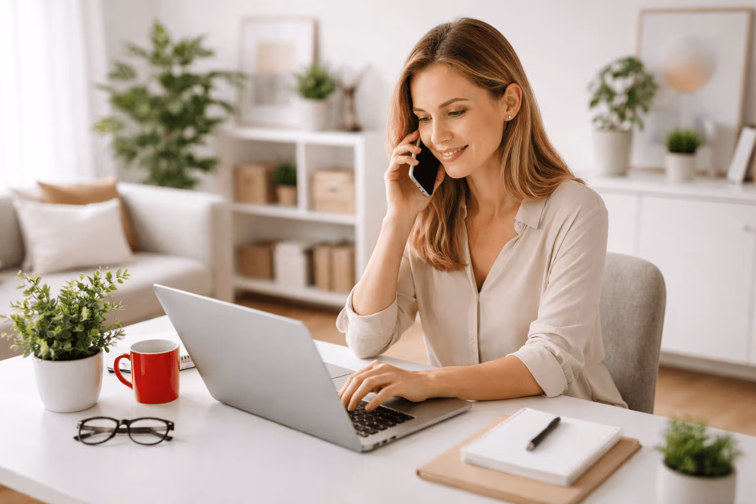 Eine Frau arbeitet im Homeoffice am Laptop