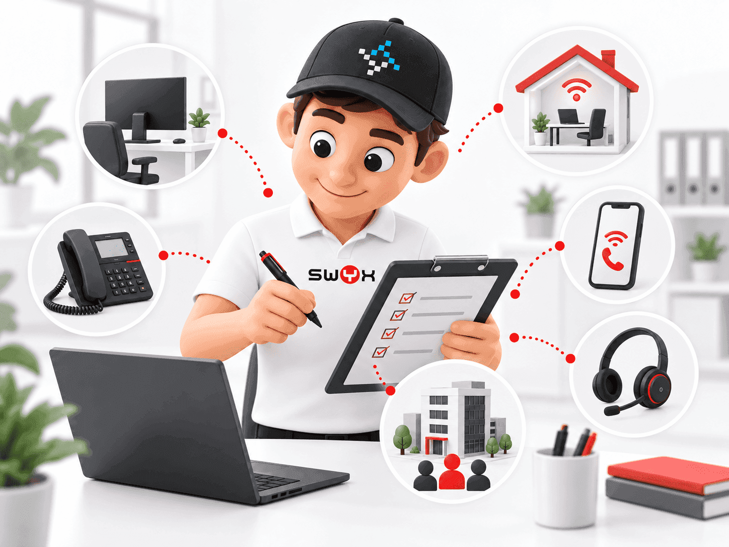 Männchen mit Clipboard und Stift, darum Büro, Homeoffice, Smartphone, Telefon und weitere
