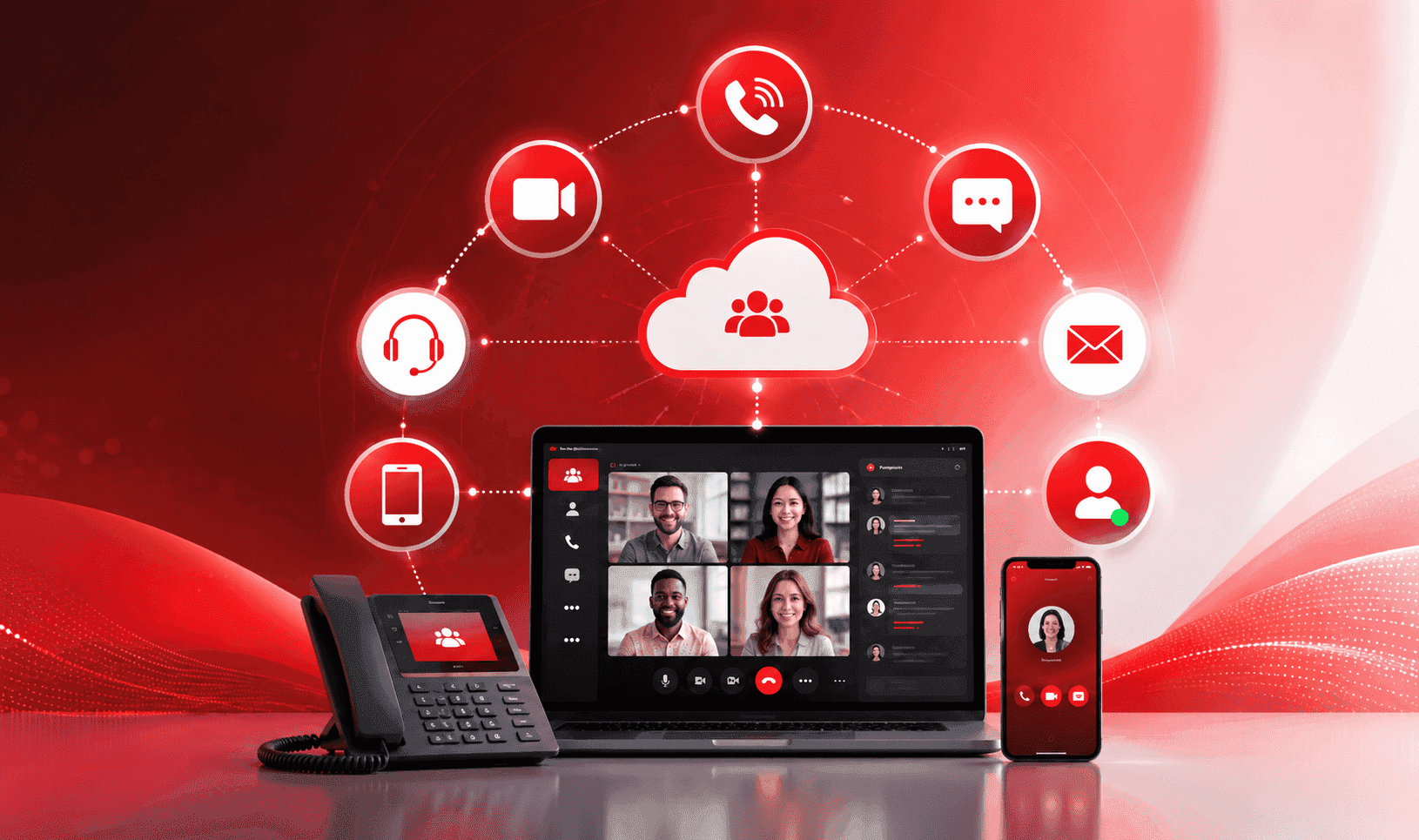 Ein in rot gehaltenes Bild mit Symbolen der UC Lösung, Telefon, Laptop, Handy