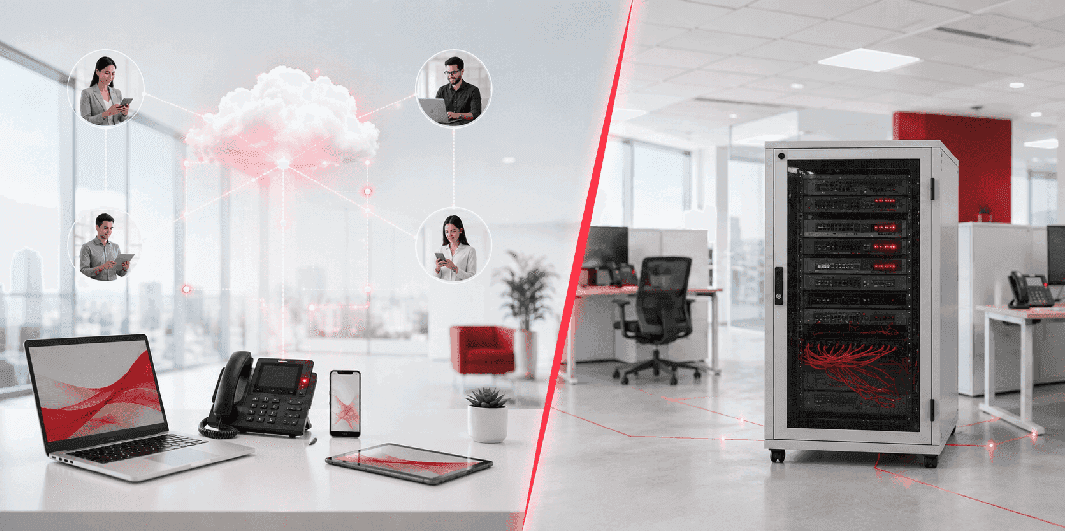 Vergleichsbild rechts, Cloud Lösung mit verschiedenen Endgeräten und links ein eigener Server im Büro