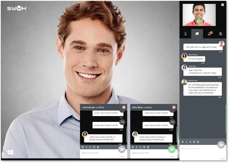 Eine Person beim Swyx Teams Meeting mit aktivierter Chat Funktion