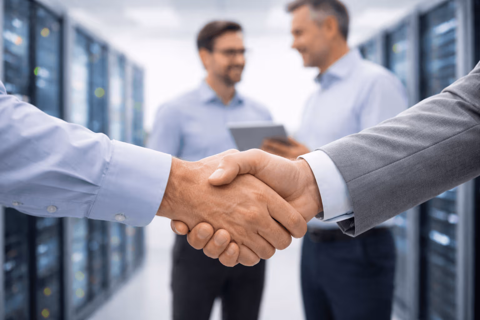 Ein Handschlag von zwei Händen im Hintergrund stehen zwei Männer