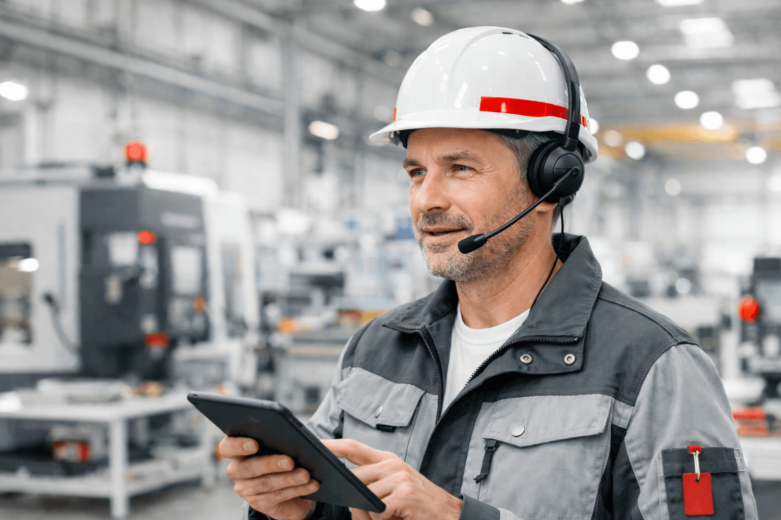 Ein Mitarbeiter steht in der Halle mit Helm und Headset auf